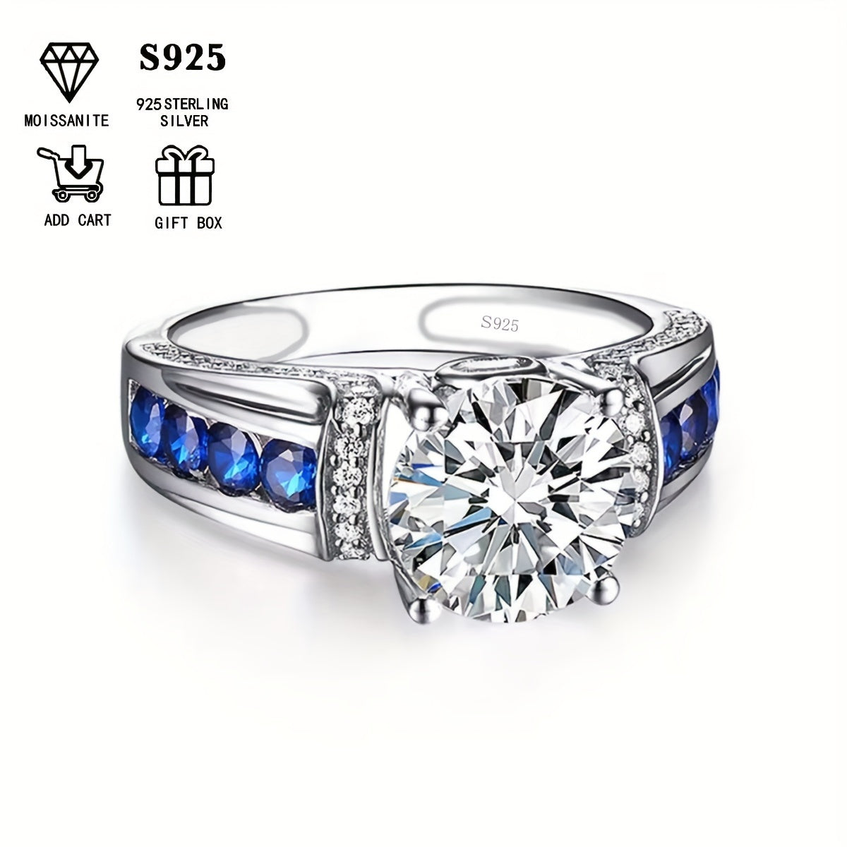 Beautiful 2ct Moissanite Engagement Ring adorned with stunning Blue Side Stones, crafted in 925 Sterling Silver Plating. This Boho Royal Style ring is ideal for both daily wear and special festival celebrations, making it a wonderful Mardi Gras gift.