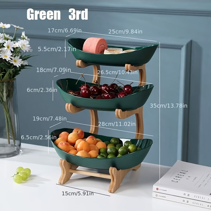 Two-tier/three-tier kitchen fruit basket with European-style design, made of bamboo wood for storing snacks and candies.