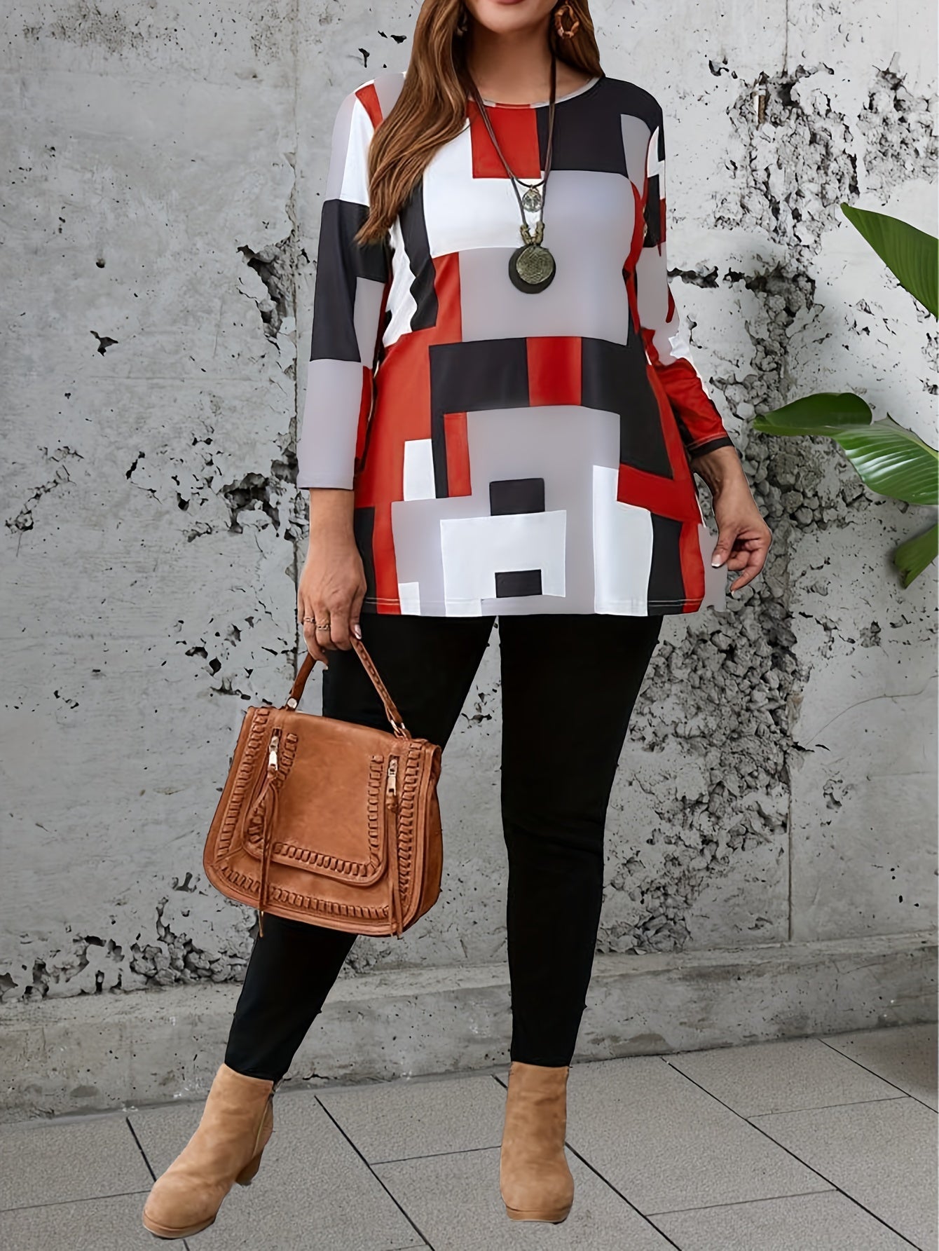 Stylish long sleeve knitted top with color block design, round neck, split detail, and micro elastic fabric for women - perfect for spring, summer, or fall.