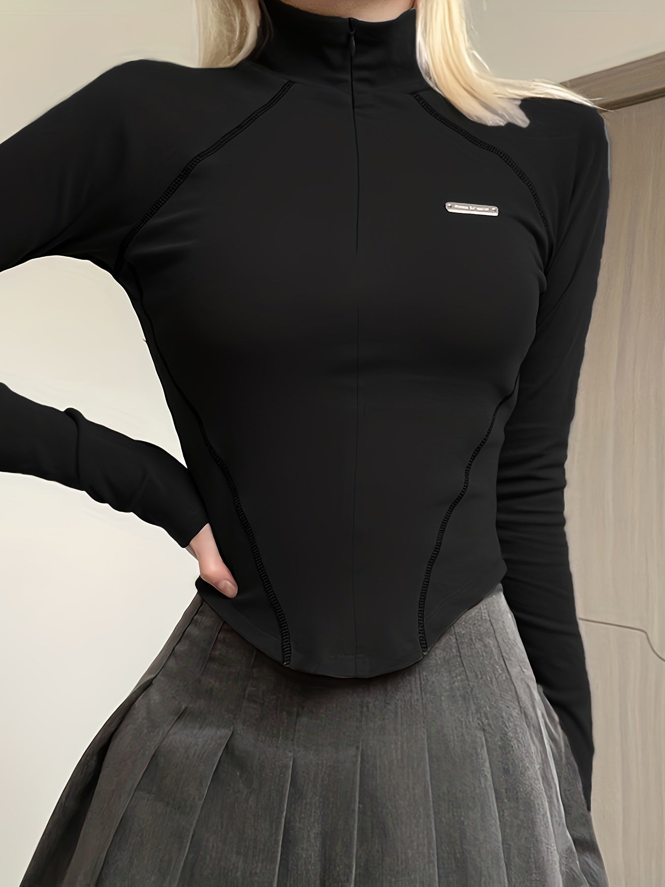 New for Summer 2023, this women's casual sports t-shirt has a cool motorcycle vibe with an invisible zipper design, perfect for autumn and winter with a stand-up collar and long sleeves.