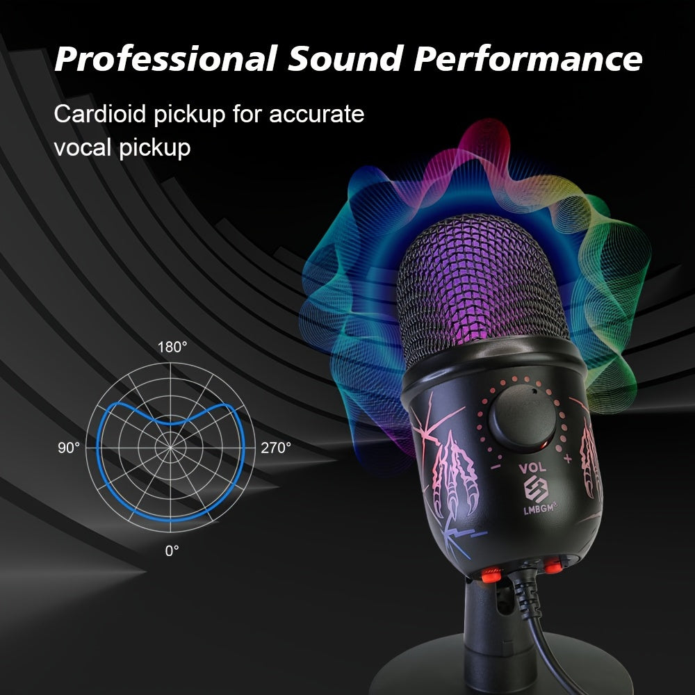 LMBGM USB Condenser Microphone with RGB Lighting, Volume Control, Noise Reduction, USB-C Connector, Unidirectional Polar Pattern; ideal for Gaming, Singing, Streaming, Video Conferencing