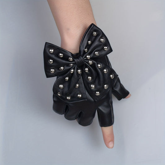 Half finger gloves made of rivet bow PU leather, ideal for punk dance performances and hip hop. Designed with an elastic fit specifically for women.