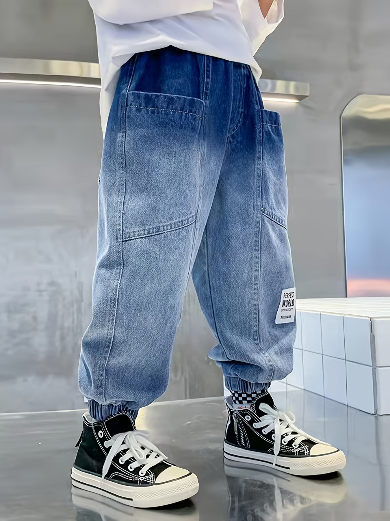 K-pop Boys' Cargo Denim Jeans with Elastic Waistband