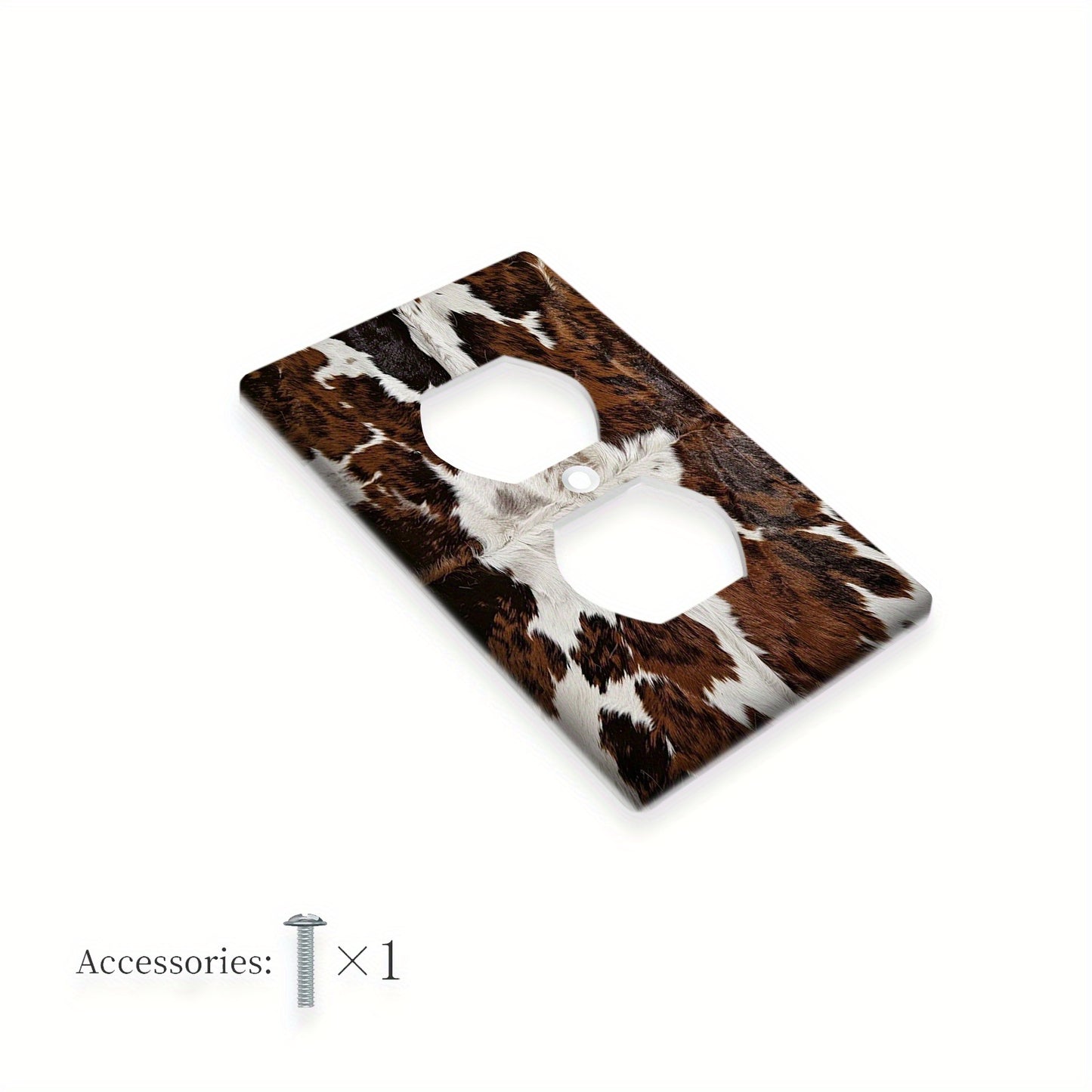 Cowhide pattern wall plate for indoor/outdoor use, fits 1-2 sockets in bedroom, kitchen, or bathroom.