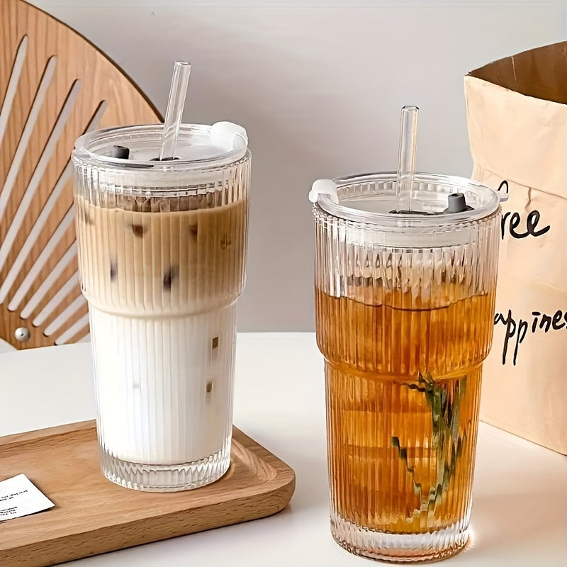 Striped glass tumbler with lid - insulated, hand-wash only - ideal for cold drinks - perfect for home, office, celebrations.