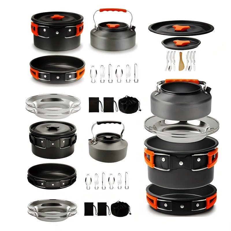 Portable camping cookware set for 2-3 people includes pot, pan, kettle, utensils, and foldable storage.