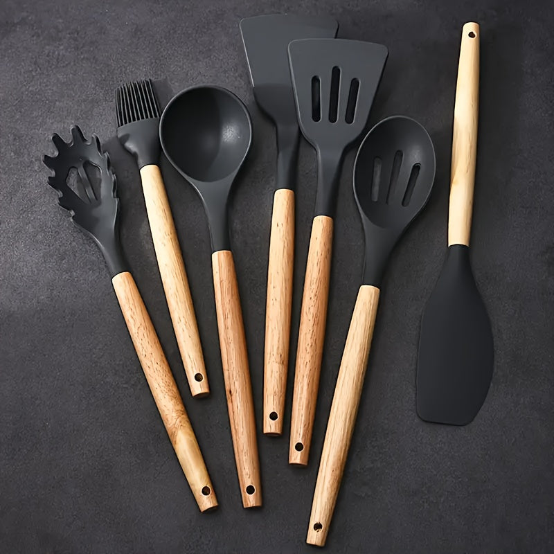 Silicone Cooking Utensil Set with Wooden Handles - Includes Spatula, Whisk, Spoon, Knife - Non-Stick and Heat Resistant - Dishwasher Safe - Perfect for Home and Restaurant Cooking