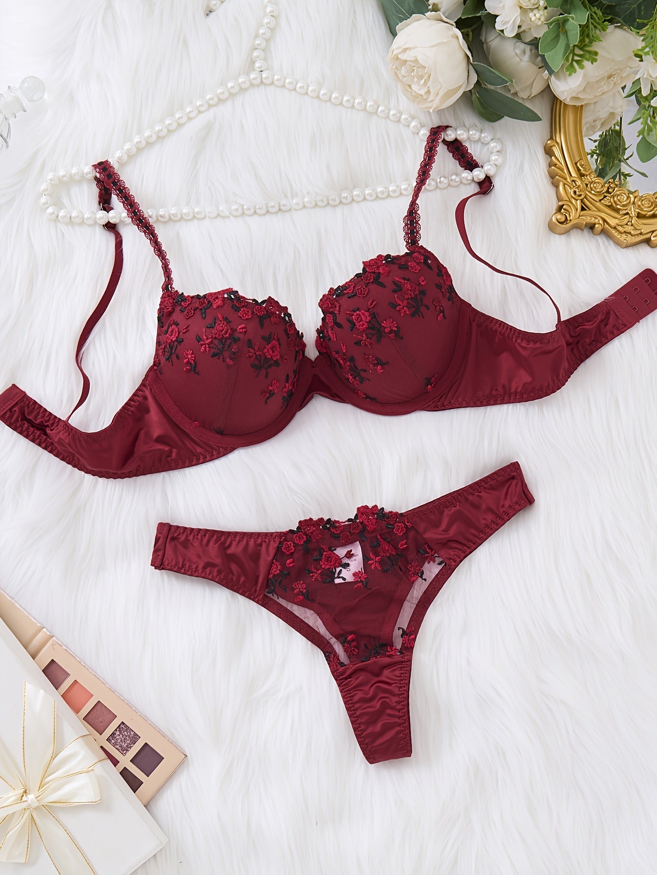 Valentine's Day lingerie set with floral embroidery, push-up bra and triangle panties.