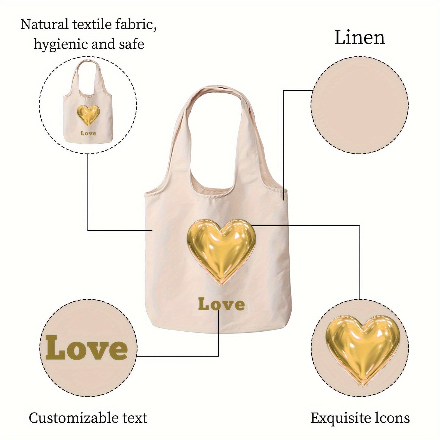 Customize your tote bag with custom text and a heart pattern. Available in sets of 1, 3, or 9 pieces, this personalized canvas bag can be printed on both sides. Perfect for daily commutes, outdoor picnics, parties, traveling, and shopping.