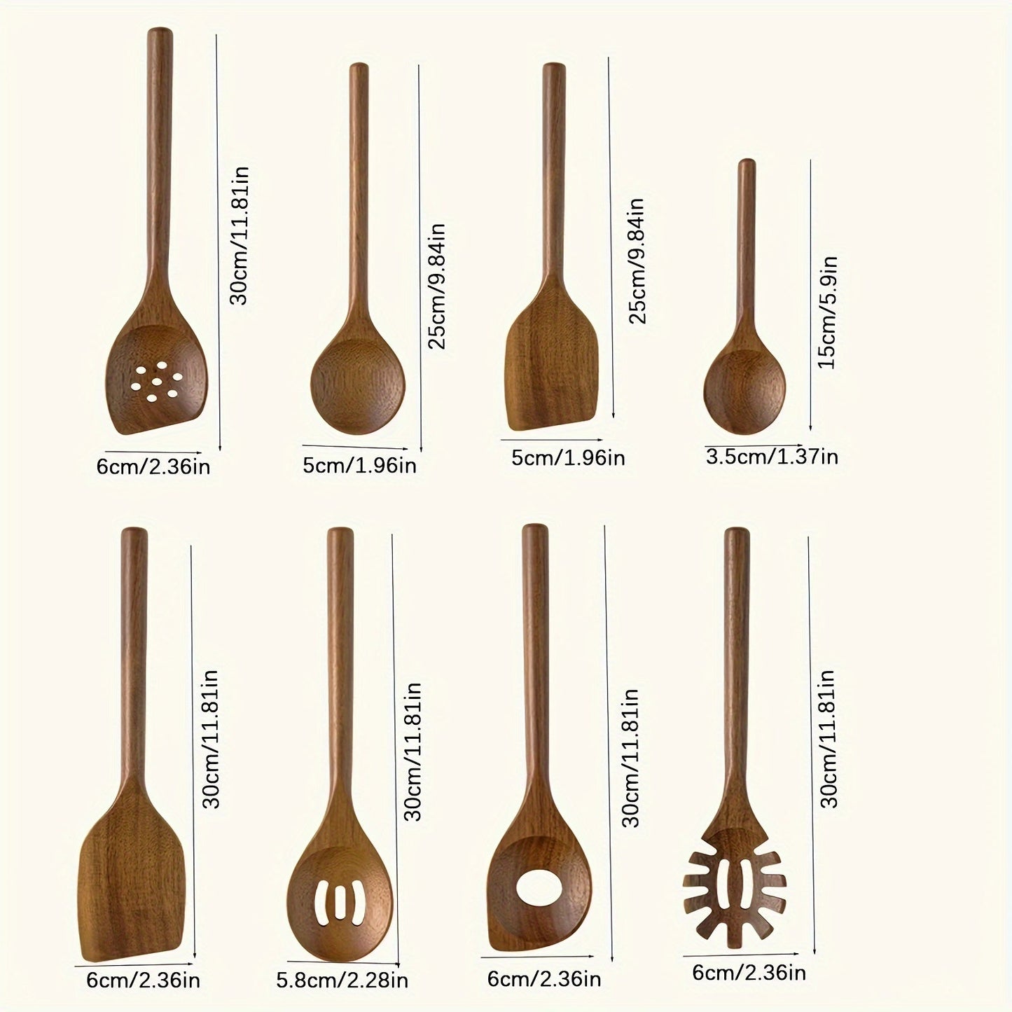 Set of 8 Acacia Wood Kitchen Utensils - Includes Non-Stick, Heat-Resistant Cooking Tools such as Spatula, Ladle, Rice Paddle, Stirring Spoon, and Salad Spoon