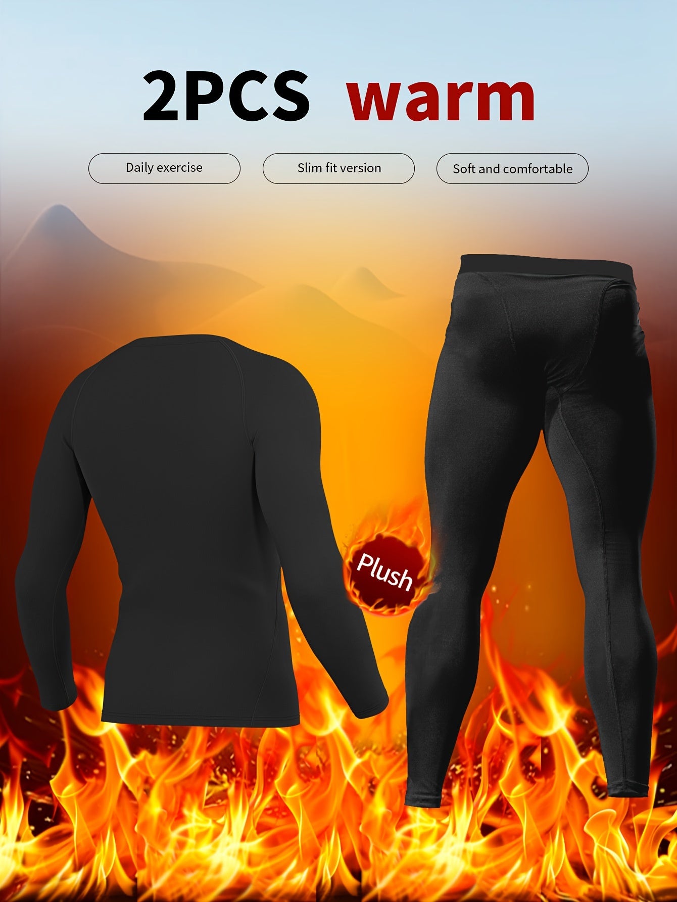 Fleece Warm Underwear Set for Autumn and Winter, includes Base Layer Shirt, Skiing Tights, Long Sleeve Top, and Pants.