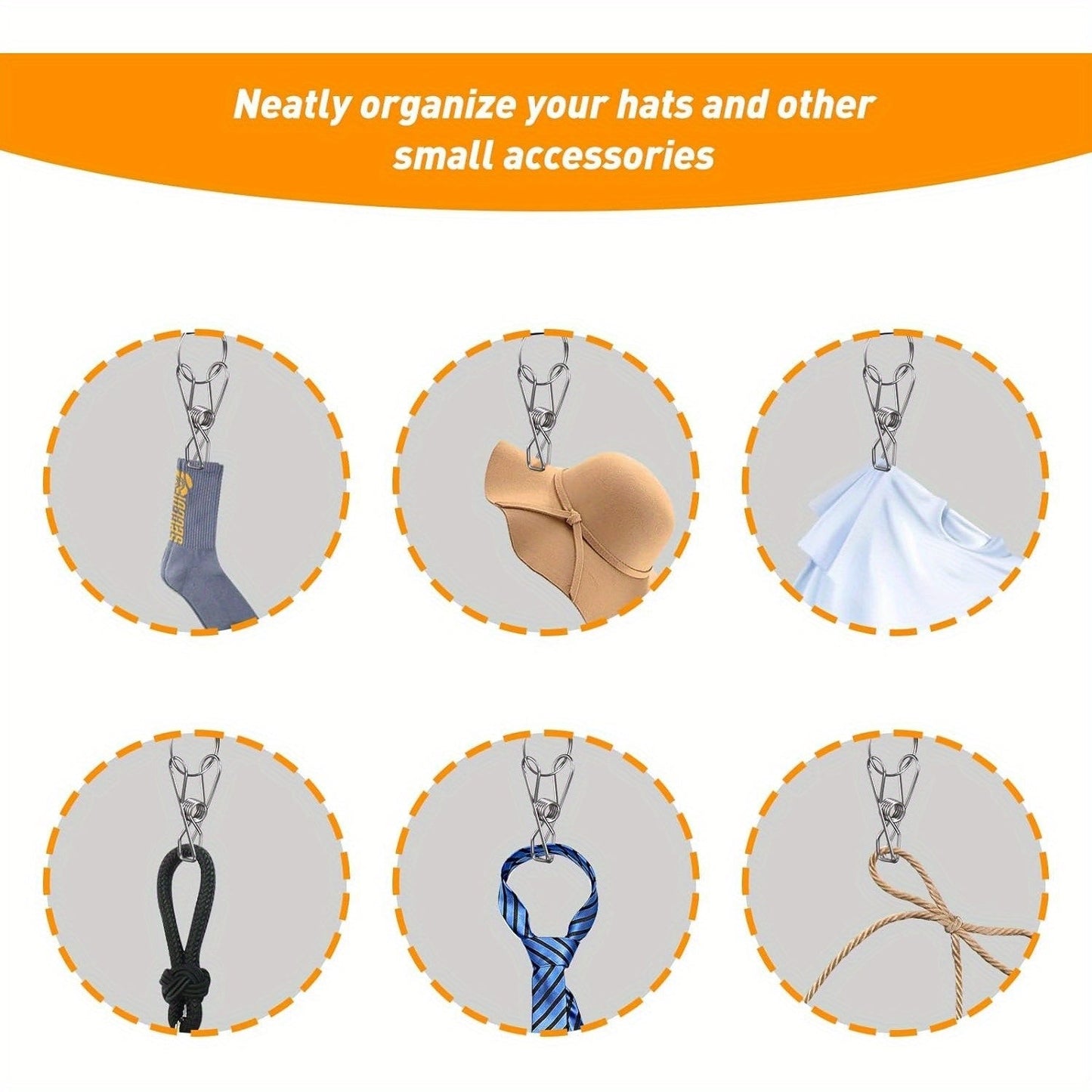 Polyester Hat Hangers - Set of 2, with 20 Stainless Steel Clips. 
This Portable Hanging Display is perfect for Winter Knit Caps, Baseball Caps, Ties, Socks, and Underwear. 
No Electricity Required, this Space-Saving Storage Solution is convenient and