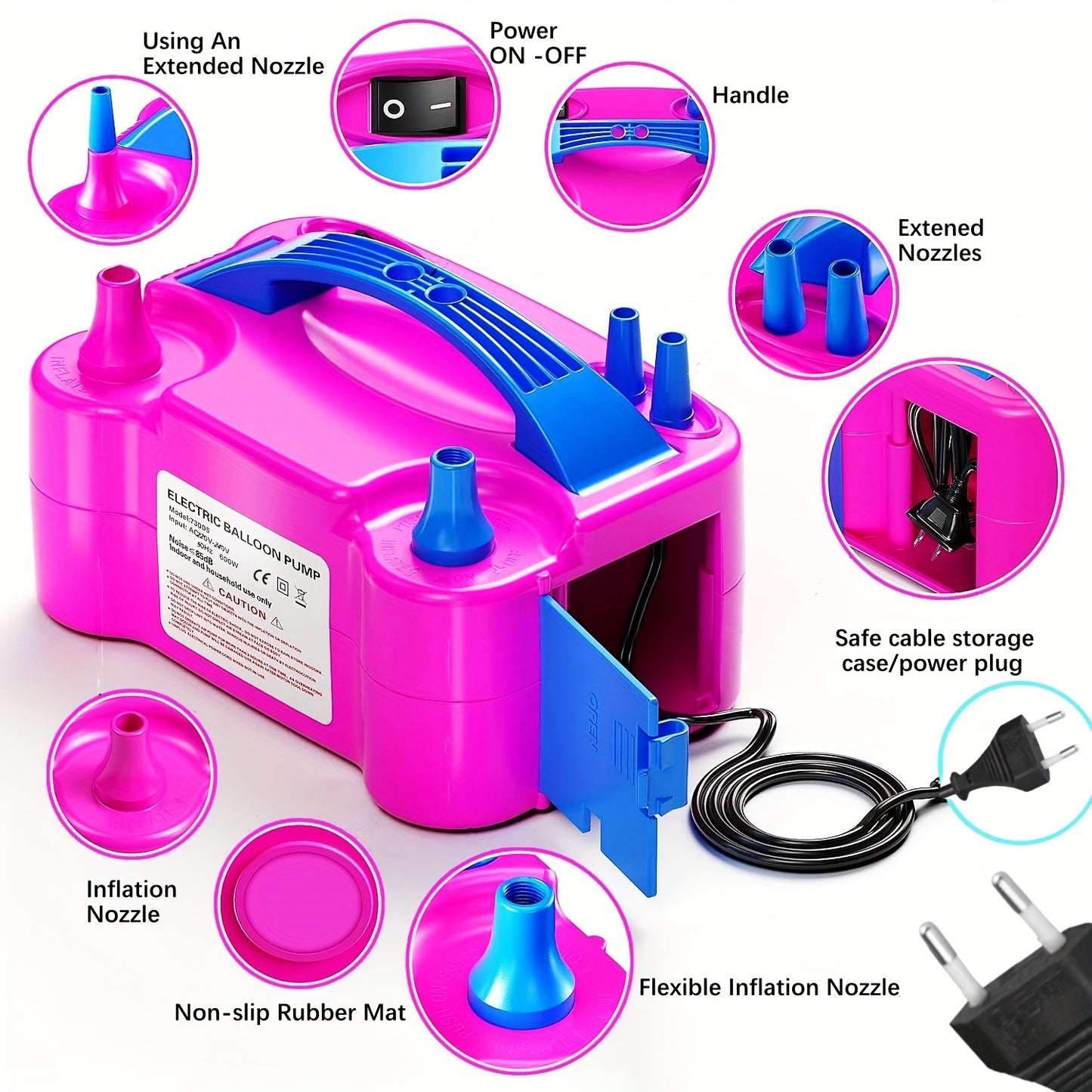 Electric balloon pump with dual nozzles, 600W power, European plug, and tying tools - perfect for parties and weddings.