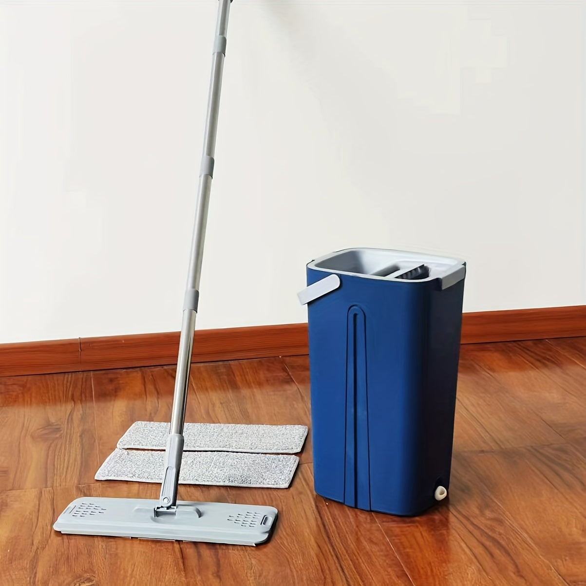 Household Cleaning Set including Mop and Bucket with 2 Mop Pads, Hands-free Flat Mop for Easy Washing, Dust Removal Mop with Bucket for Wet and Dry Cleaning of Tile, Marble, and Wooden Floors. Complete Cleaning Supplies and Tools.