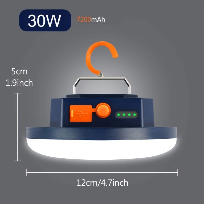 Rechargeable LED camping lantern with magnetic base, 4800mAh lithium battery, 4 lighting modes (including SOS), durable plastic construction, push button control. No accessories included.