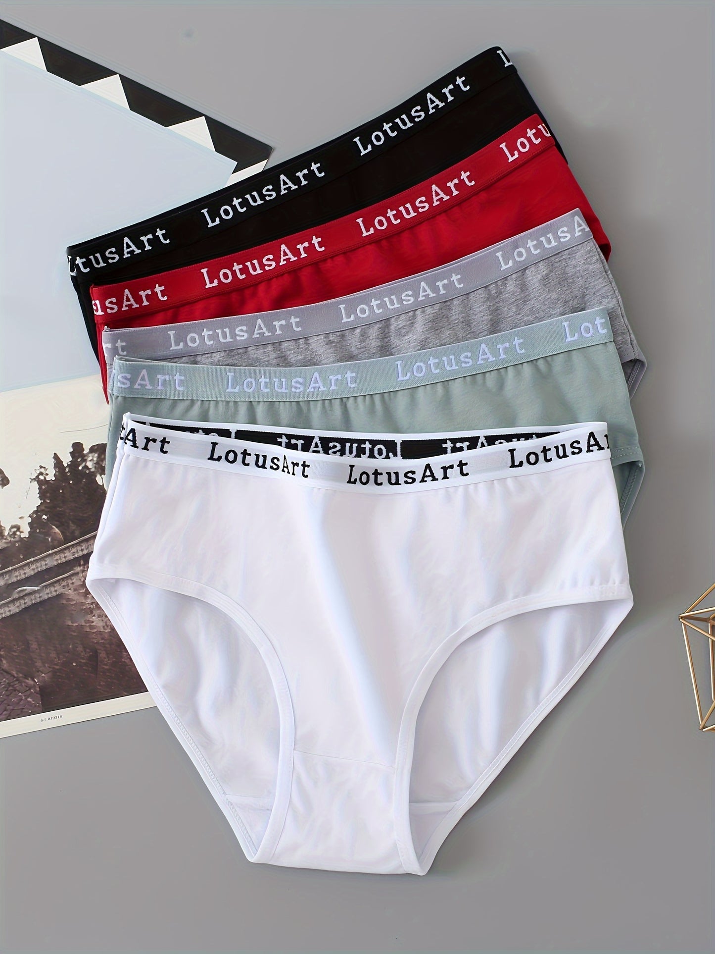 "Set of 5 Letter Tape Sports Briefs, Comfortable Mid Waist Women's Lingerie & Underwear