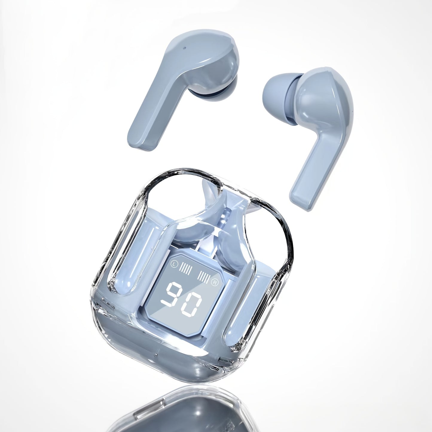 New wireless in-ear headphones with multi-color semi-transparent appearance and LED display.