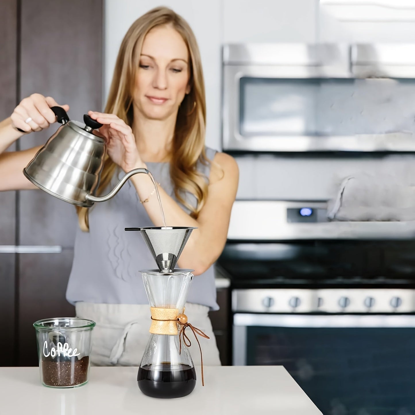 Single Cup Stainless Steel Pour Over Coffee Filter with Double Mesh Cone Design and Integrated Fine Mesh Strainer - Eliminates the Need for Paper Filters