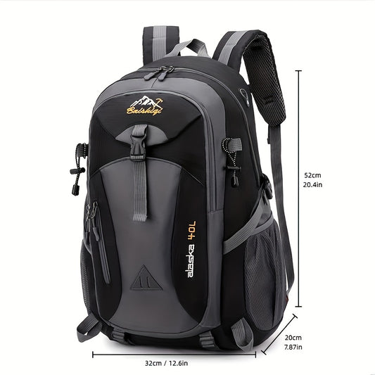 Multifunctional hiking backpack with 40L capacity, Oxford material, lightweight, adjustable shoulder straps, zip closure, polyester lining, embroidered detail, sports style, unisex for