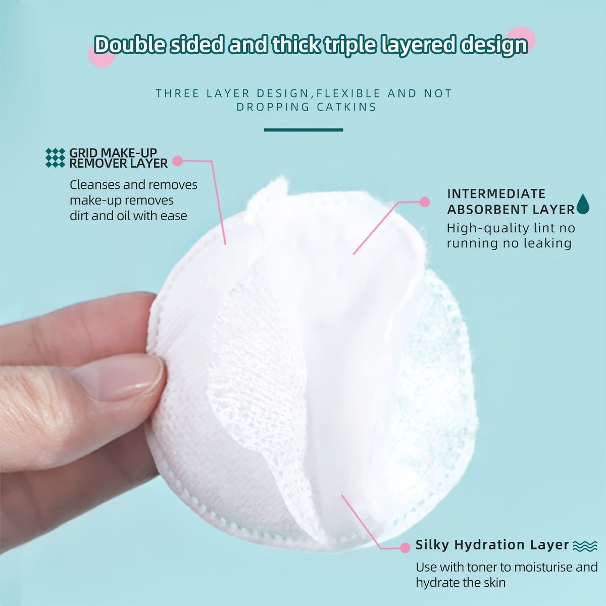 Soft and breathable round makeup remover pads available in 150pcs, 300pcs, and 600pcs. Double-sided texture for daily facial cleansing at home and during travel.