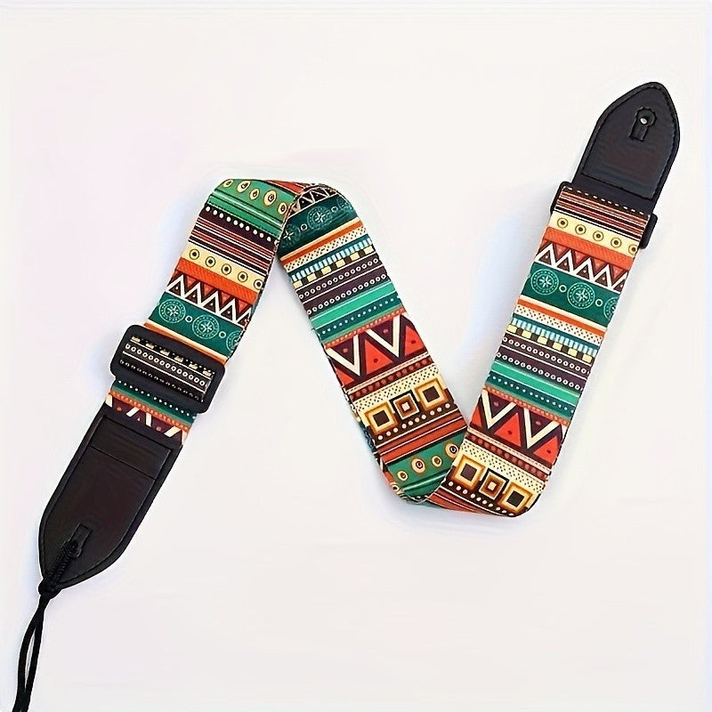 Bohemian Tribal Pattern Adjustable Guitar Strap made of faux leather and thick polyester, with secure locking system. Compatible with electric guitar, bass, and ukulele. Durable shoulder