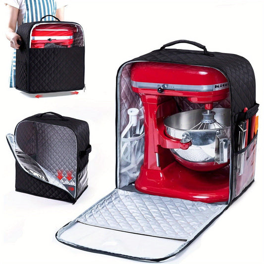 Elegant kitchen appliance brand Stand Mixer Dust Cover featuring a sleek design and slider base. Made with quilted nylon material, this storage bag is suitable for 4.5/5/6/8 Quart models. Includes pockets for accessories, appliance sliders, and