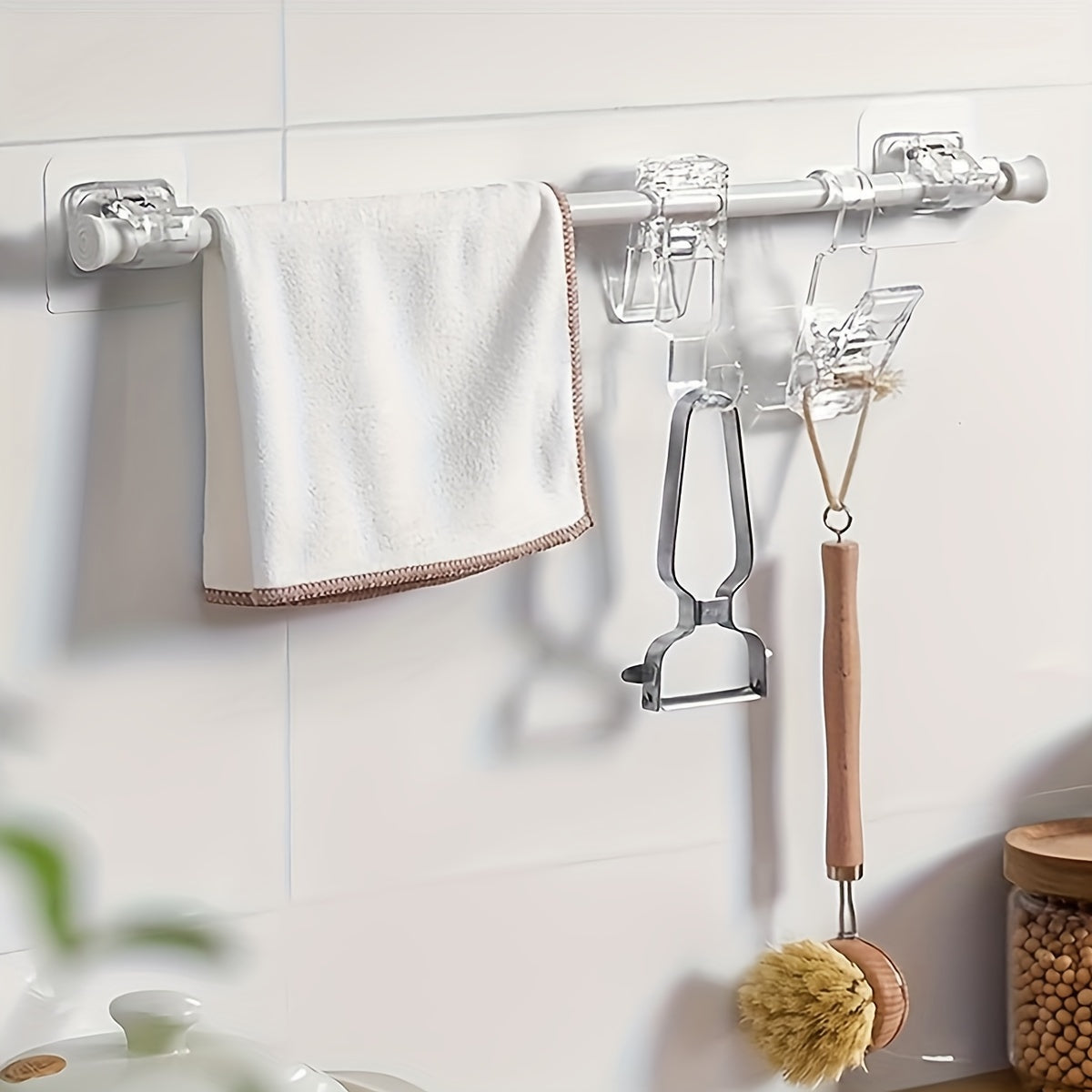 2 adhesive telescopic rod holders for shower curtains and door drapes, no-drill wall mount for bathroom accessories.