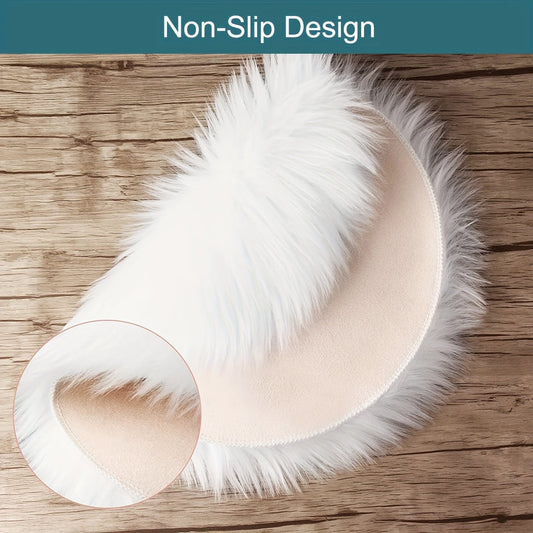 Round rug made of plush faux sheepskin, easy to clean in machine wash, fluffy and lightweight; perfect for living room, bedroom, and home decor.