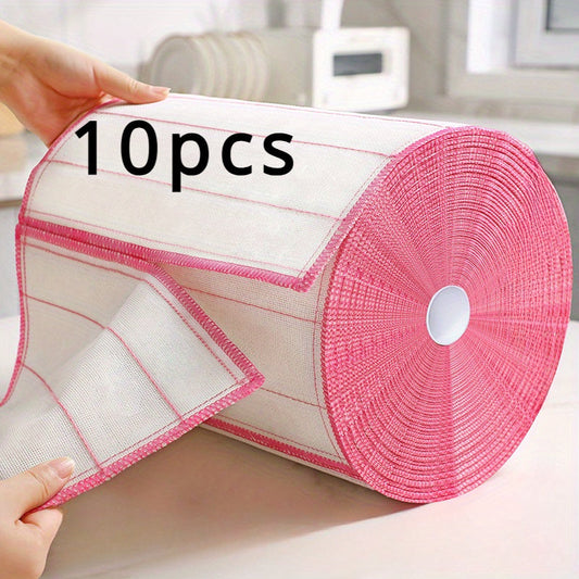 Set of 10 highly absorbent microfiber kitchen towels - extra thick 10-layer cleaning cloths with a stylish pink border. These durable scouring pads are oil-resistant and perfect for use in the kitchen or bathroom. Each towel measures 30cm and is ideal