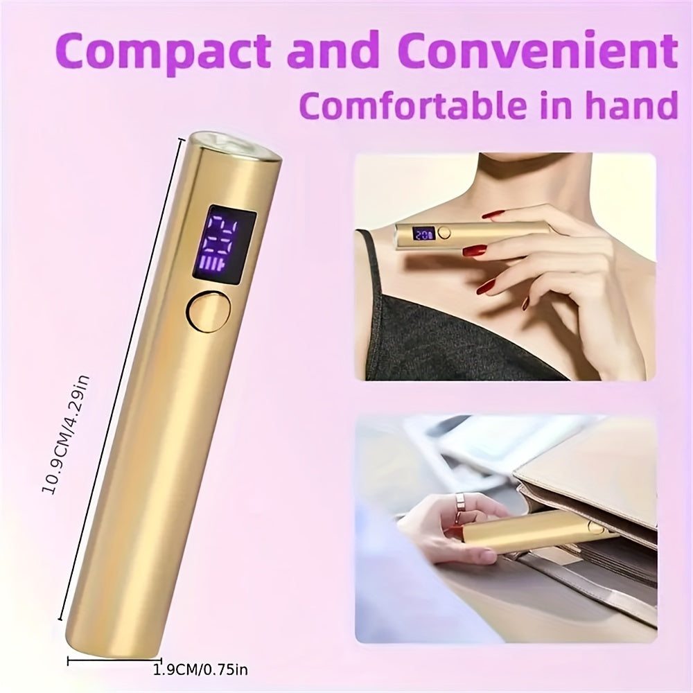 USB rechargeable handheld mini LED nail lamp with digital timer, ideal for DIY home and salon manicures.