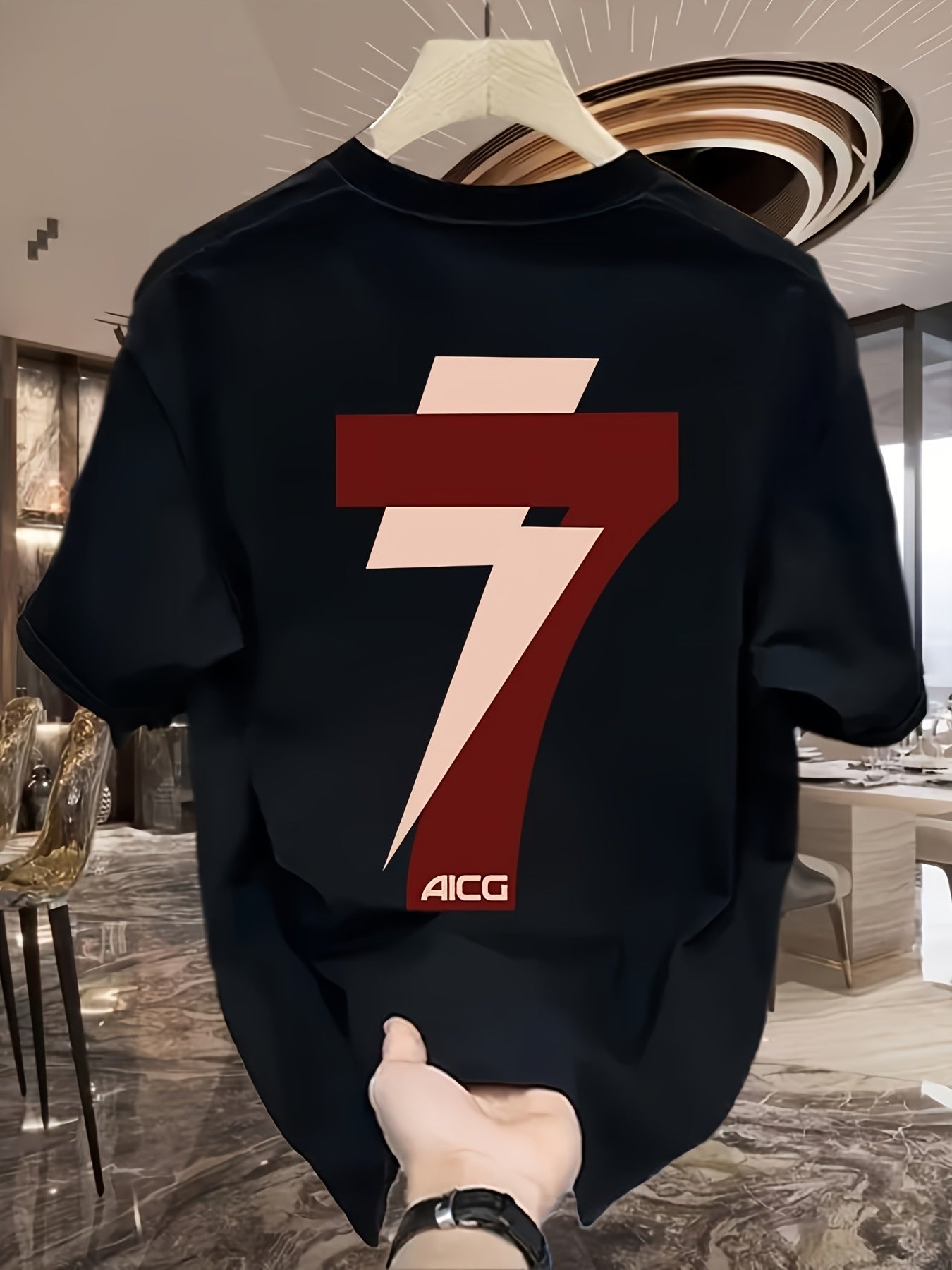 AICG Brand Plus Size Men's Cotton Crew Neck T-Shirt with Asymmetrical Hem and Alphabet Print, Loose Fit for All-Season Wear