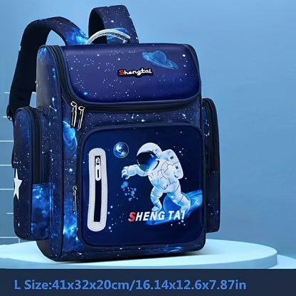 Waterproof school bag featuring cartoon astronaut design and large capacity.