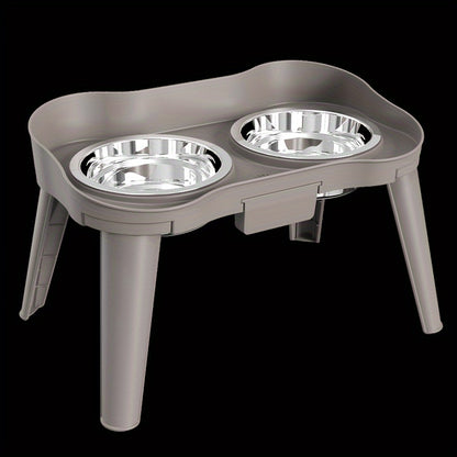 Neck-friendly elevated pet feeder with two stainless steel bowls, detachable design for easy cleaning, ideal for dogs and cats.