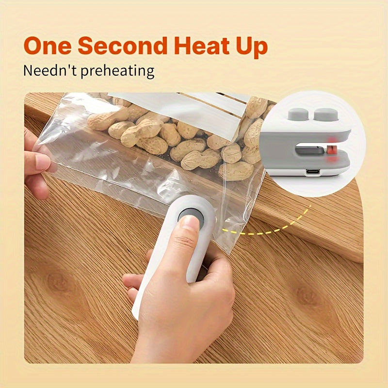 Essential for your kitchen and dining needs, the Portable Snack Sealer features a magnetic hand press bag closure and is USB rechargeable with a lithium battery (155mAh). Perfect for sealing snacks on the go, this sealer is designed for non-food contact.