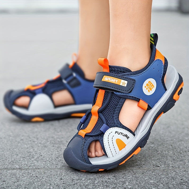 Blue and orange sandals for youngsters, featuring breathable mesh, non-slip sole, and adjustable strap for casual wear in spring, summer, and autumn.