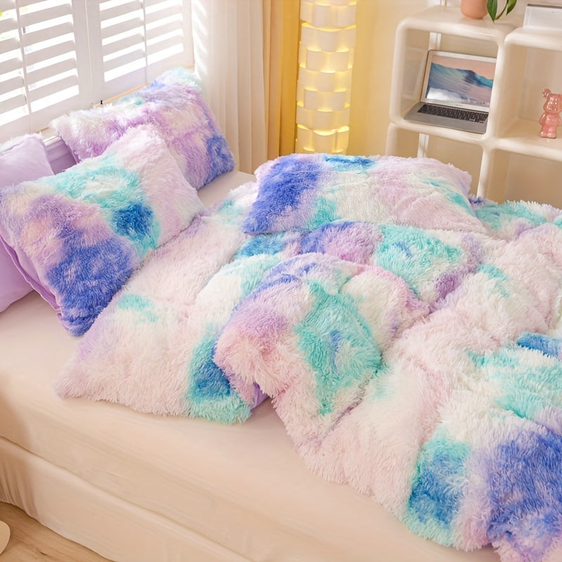 Y2K Tie Dye Plush Duvet Cover Set includes 3 pieces (1 Duvet Cover + 2 Pillowcases), providing soft and warm bedding.