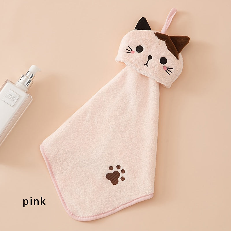 Ultrafine coral velvet hand towel, cute kitten design, highly absorbent for home kitchen and bathroom use