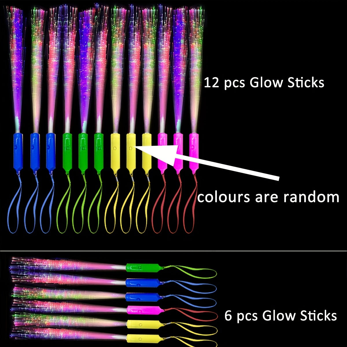 White LED flash fiber rod with colorful handle for concert parties. Light color is random.