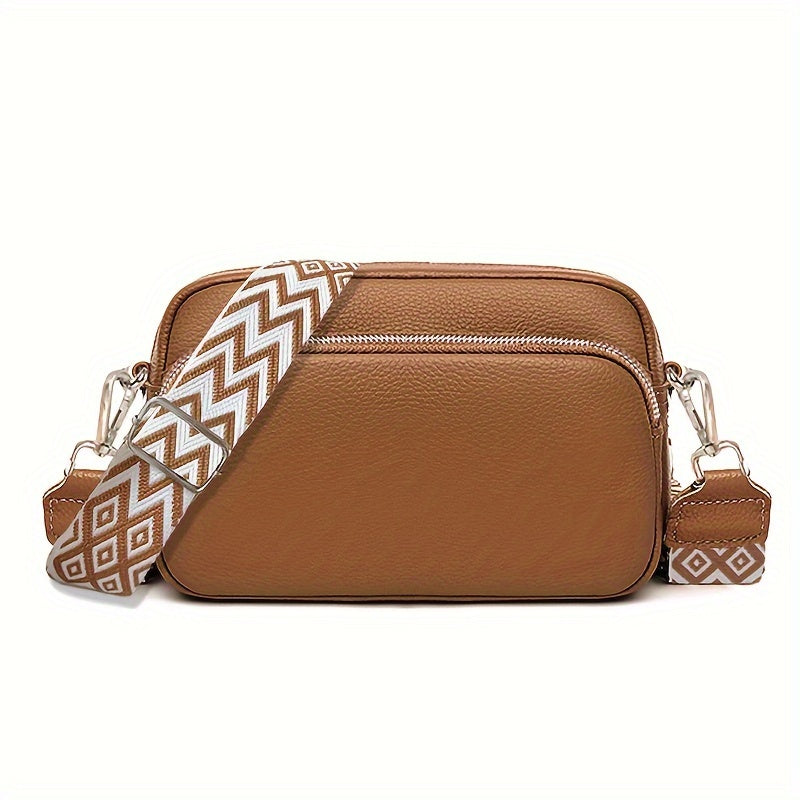 Women's stylish crossbody bag in deep brown, cream white, or black. Features zipper closure and polyester lining.