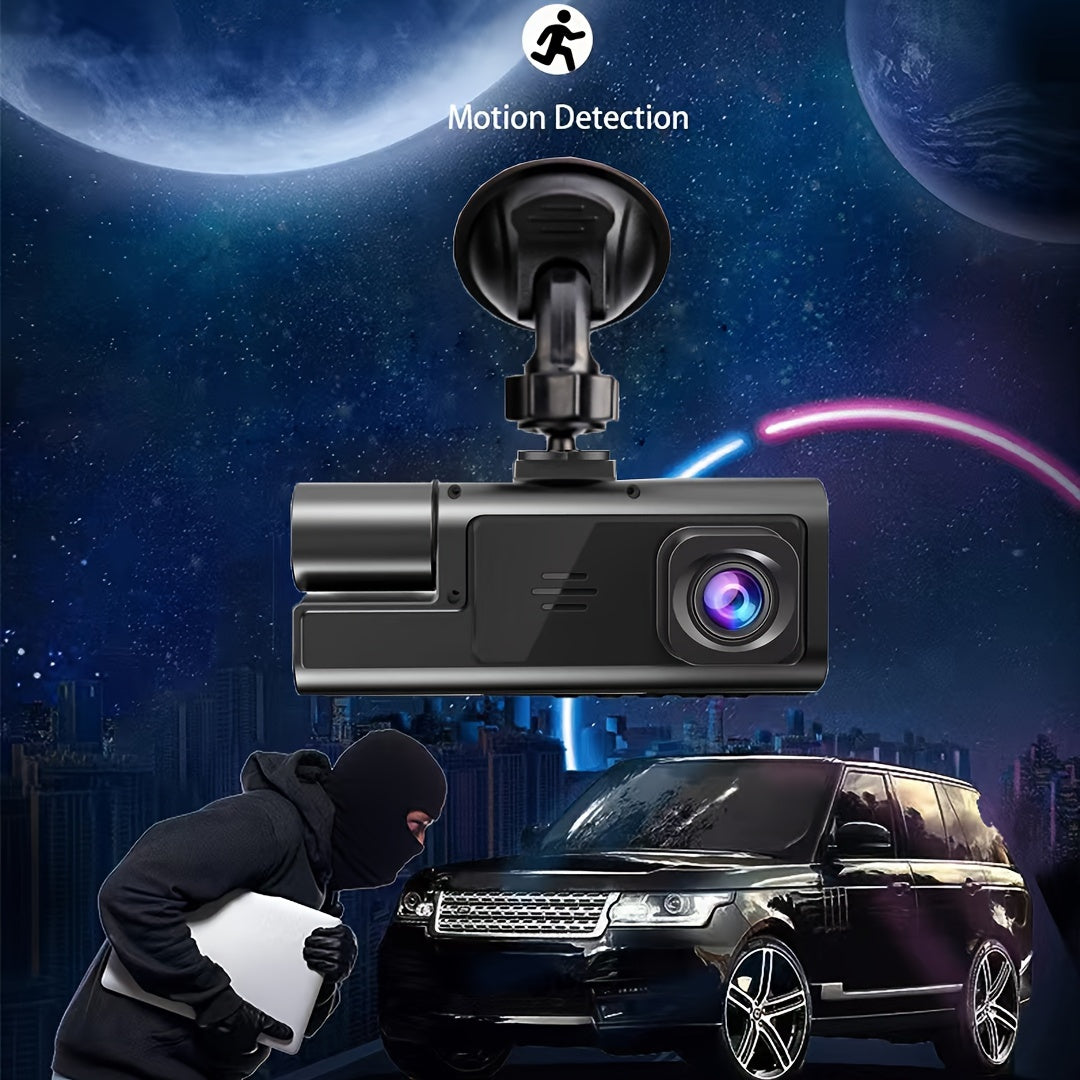 GYIOEUPT Triple Camera Front Lens with 1080P, built-in lens with 480P, and rear lens with 480P HD tachograph. Features include infrared night vision, cycle recording, 5.08 cm IPS screen