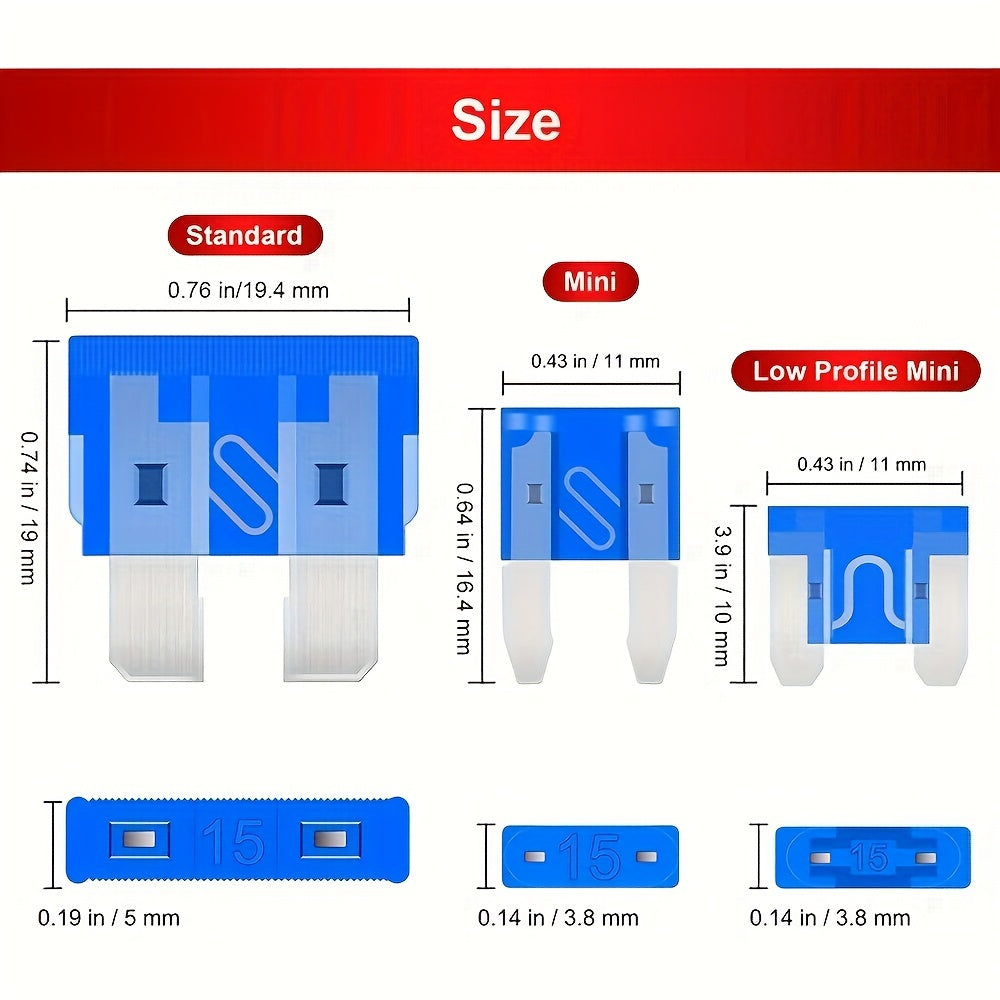 Car blade fuse assortment kit with multiple specifications ranging from 2A to 40A, suitable for various vehicles. Includes a box for storage.