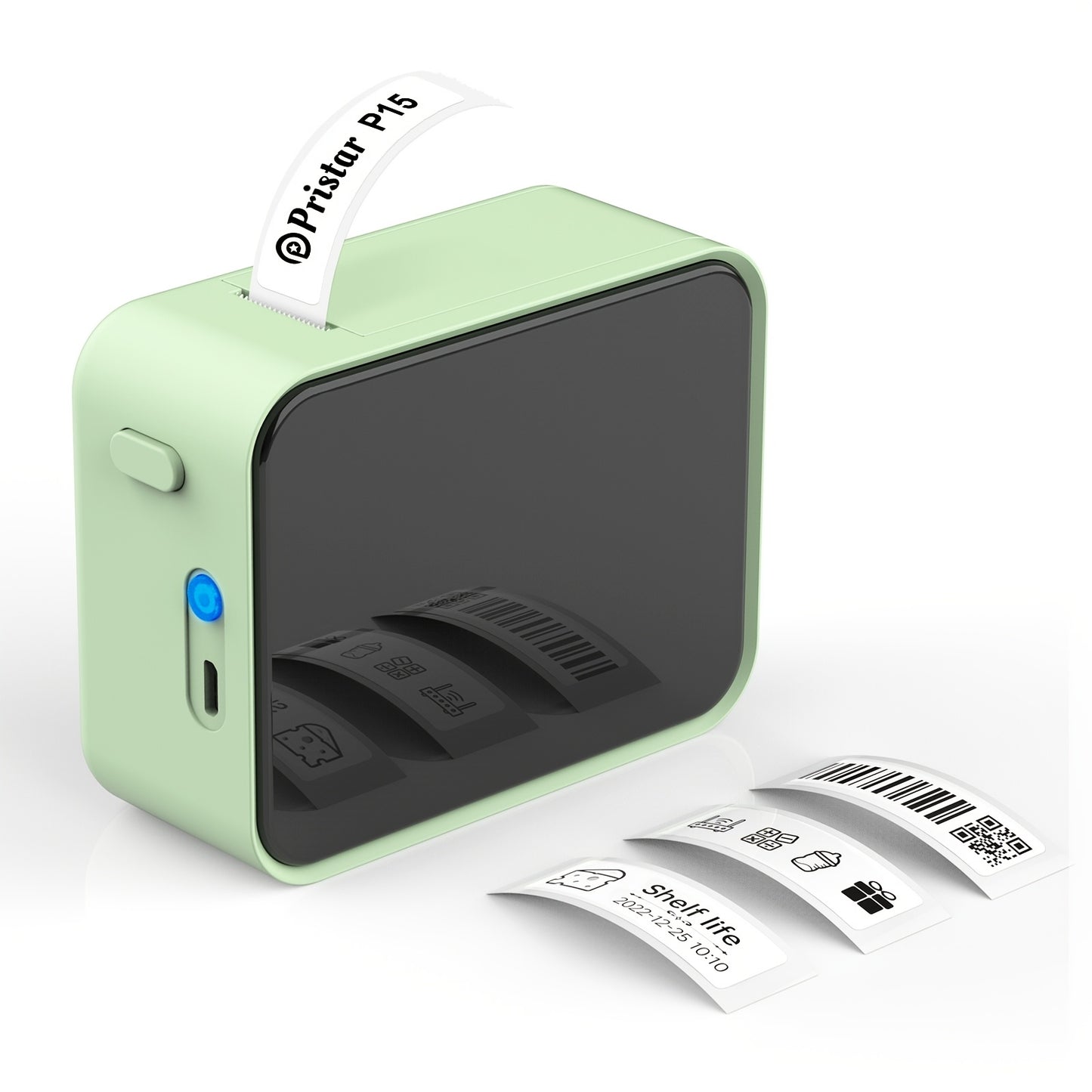 Pristar P15 Portable Wireless Thermal Label Printer for Barcodes, Clothing, Jewelry & Snacks. Inkless, HD Printing, Wireless Connectivity, Rechargeable Battery. 20mm/s Speed, Compatible