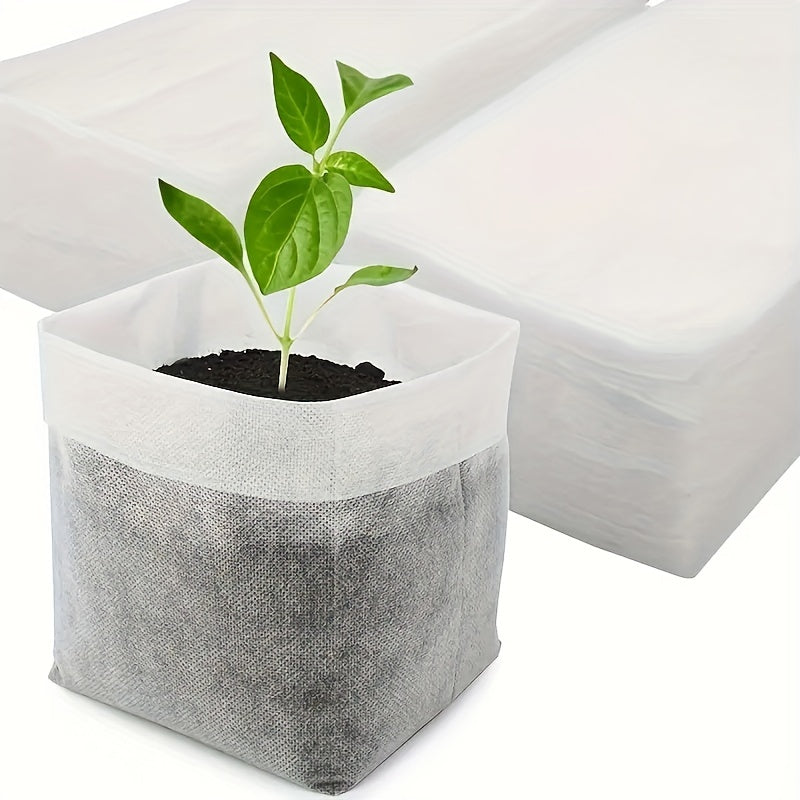 100 Biodegradable Seedling Nursery Bags in 8.0x10.01cm size, made of non-woven fabric for planting and transplanting seedlings. Ideal for home garden supplies and agricultural production.