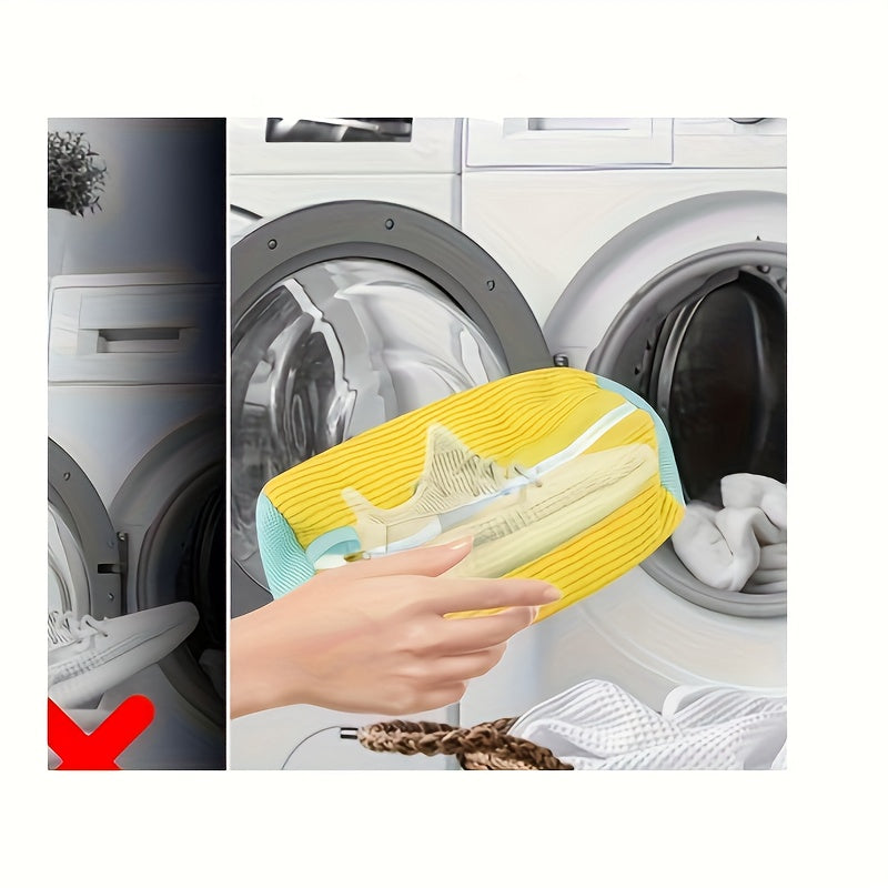 Two yellow mesh shoe wash bags with zipper, made of durable polyester knit fabric. Designed in a round shape for sports shoes and other footwear. Perfect for home storage and travel, also suitable for use as laundry bags.