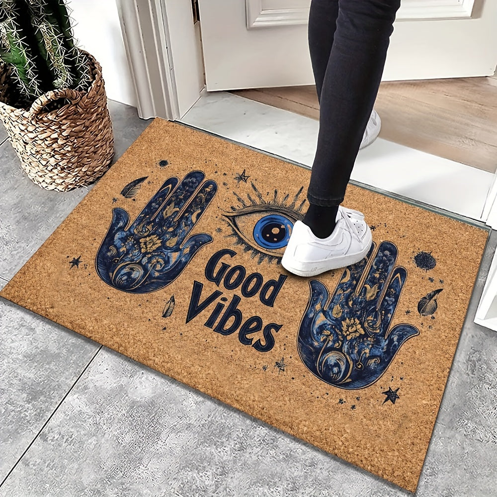 Non-Slip Evil Eye Welcome Mat: This machine washable polyester rug, with rubber backing, is perfect for both indoor and outdoor use. Ideal for the entryway, bedroom, or balcony, this lightweight rectangular floor mat makes the perfect Christmas gift for