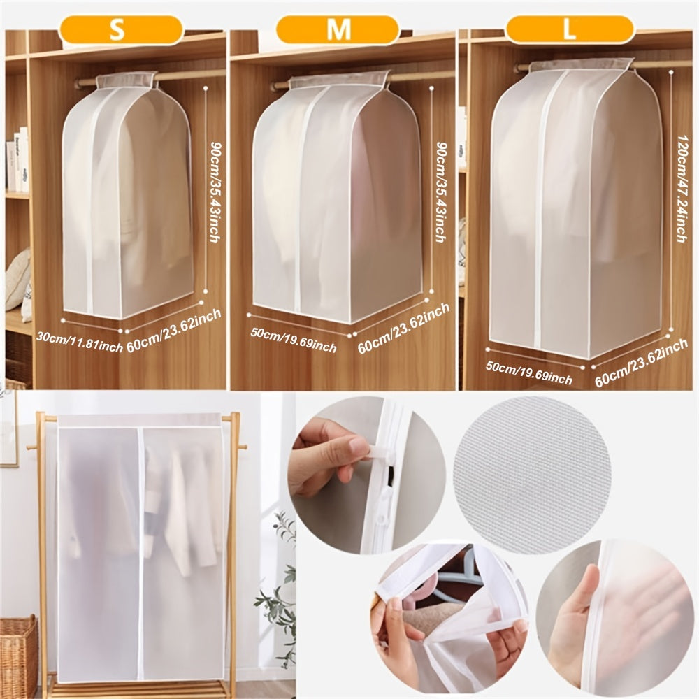 Protect your clothes with this lightweight, translucent garment cover. It is dustproof and waterproof, featuring a full zipper, magic tape, and strap for coats, dresses, and windbreakers. Dimensions are 59.99x50.01x119.99 cm.