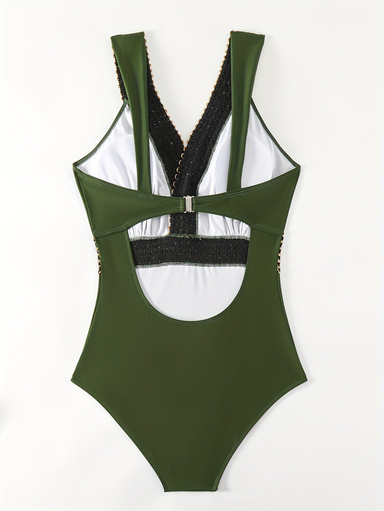 Compare Golden Band One-piece Swimsuit with V Neck Back Buckles Backless Bathing Suits for Women.