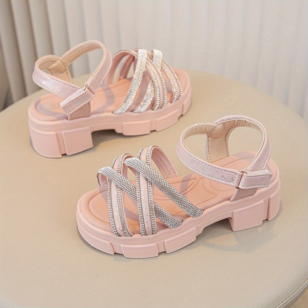 Pink princess sandals with sparkles, high heel, soft sole, hook-and-loop strap, rhinestone accents, for casual spring/summer wear, girls shoes.