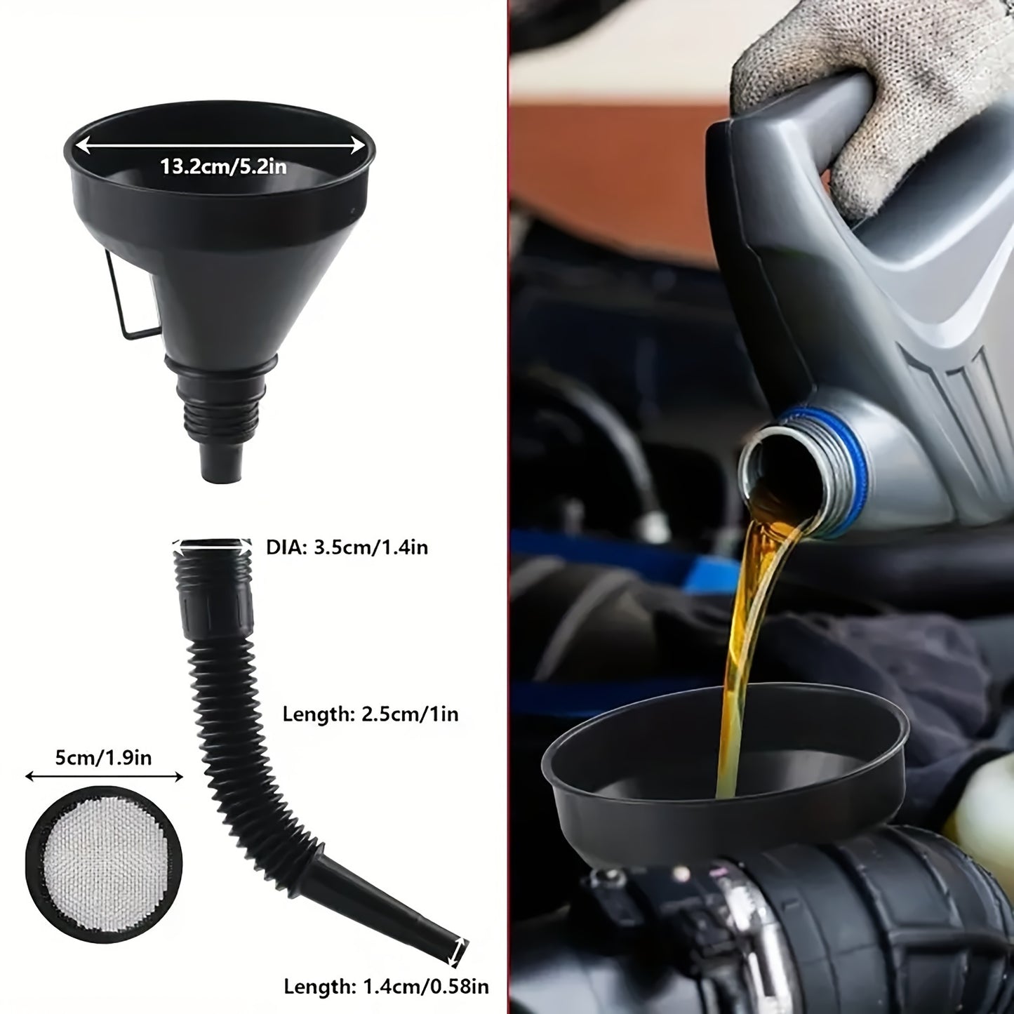 10pcs Car Funnel Set including long neck oil funnel, buckle funnel, right angle funnel, wide mouth fuel funnel for filling coolant, gasoline, water, and engine oil.