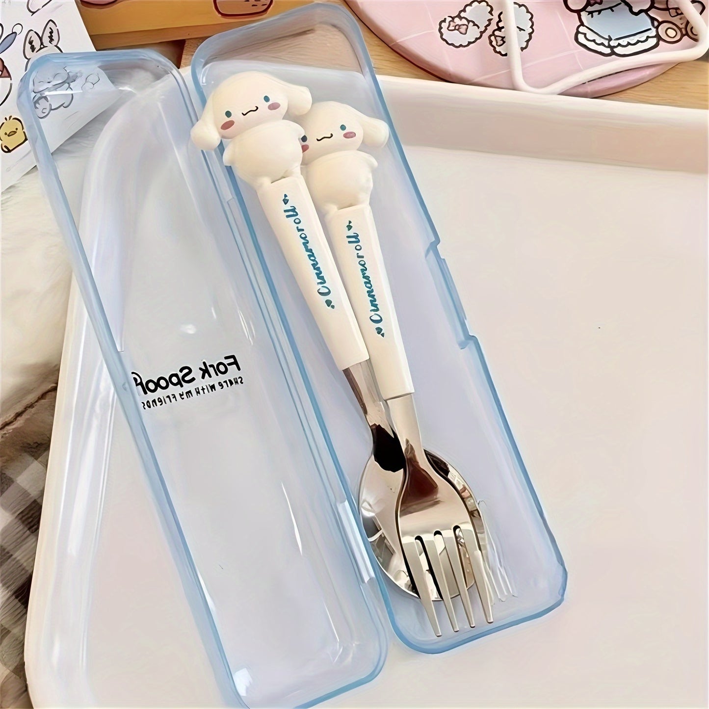 Sanrio Cutie Kouromi Hello Kitty Cartoon Spoon And Fork Set: Stainless steel kitchenware 2-piece set for restaurants and food trucks.